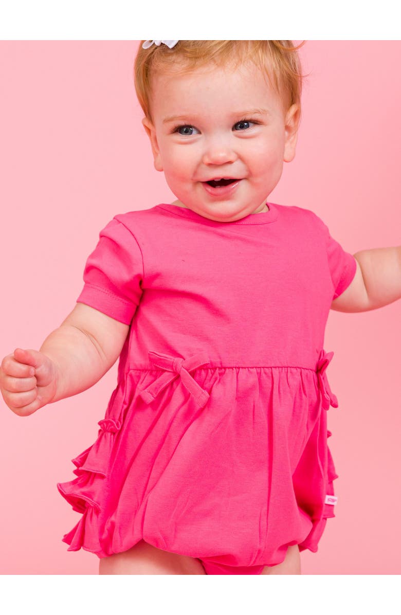 RuffleButts Knit Short Sleeve Bow Bubble Romper, Alternate, color, Hot Pink