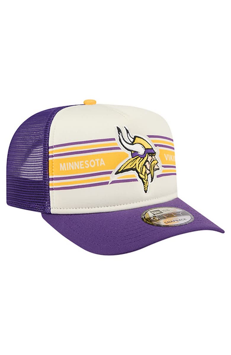 New Era Men
s New Era Cream/Purple Minnesota Vikings Banner A-Frame 9FIFTY Trucker Snapback Hat, Alternate, color, Cream