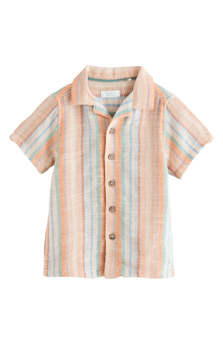 NEXT Kids' Stripe Short Sleeve Cotton Button-Up Shirt, Main, color, Green