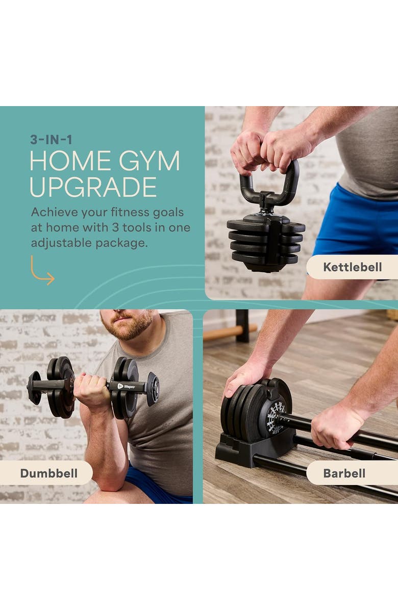 Lifepro Adjustable Dumbbell Set 25lb, 15lb, 43lb, 55lb Quick Adjust Strength Training Weights for Home Gym, Alternate, color, 43Lb 3In1