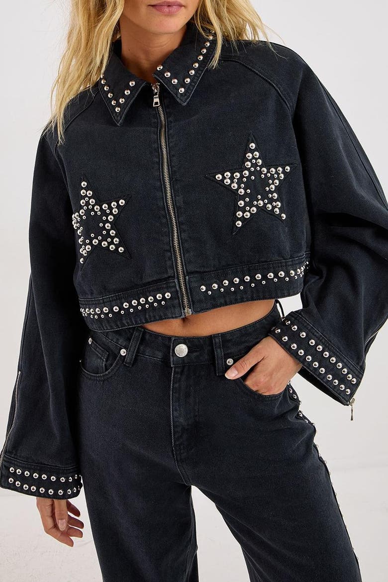 Studded Denim Jacket, Alternate, color, Washed Black