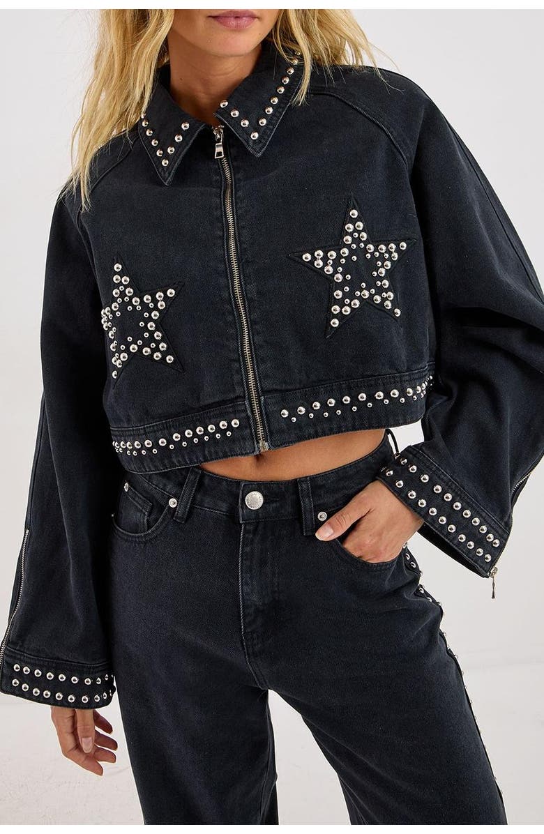 NASTY GAL Studded Denim Jacket, Alternate, color, Washed Black
