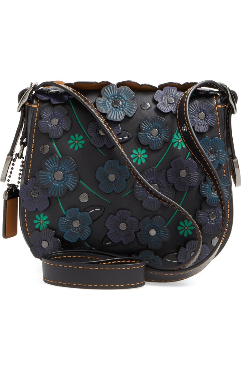 COACH 1941 '23' Flower Appliqué Leather Saddle Bag, Alternate, color,