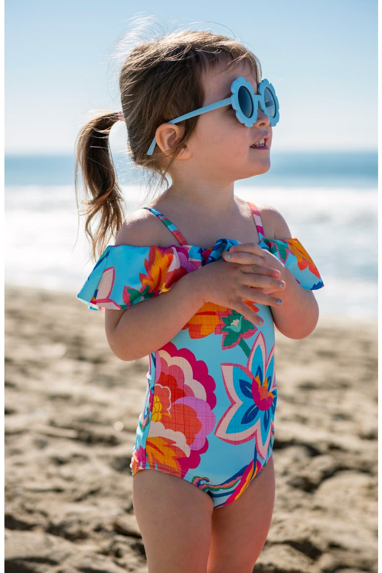 Kids' Breezy Ruffle Off the Shoulder One-Piece Swimsuit, Alternate, color, MULTI