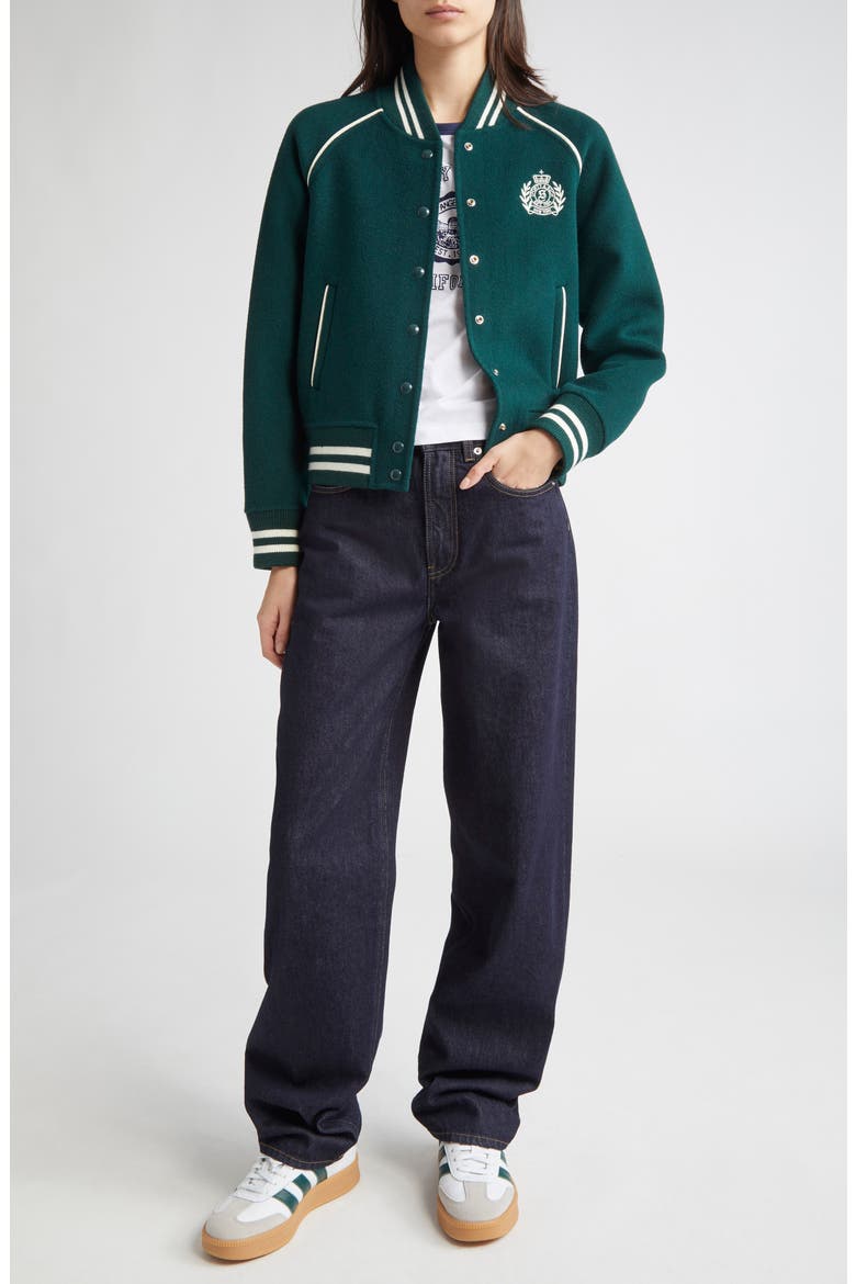 Crest Detail Wool & Cashmere Varsity Jacket, Alternate, color, DARK GREEN