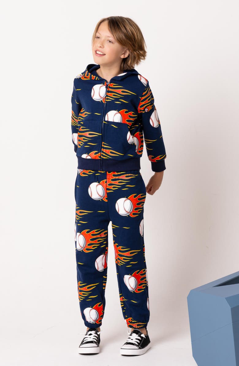 CALONIE Kids' Flaming Baseball Print Zip Hoodie, Alternate, color, Blue