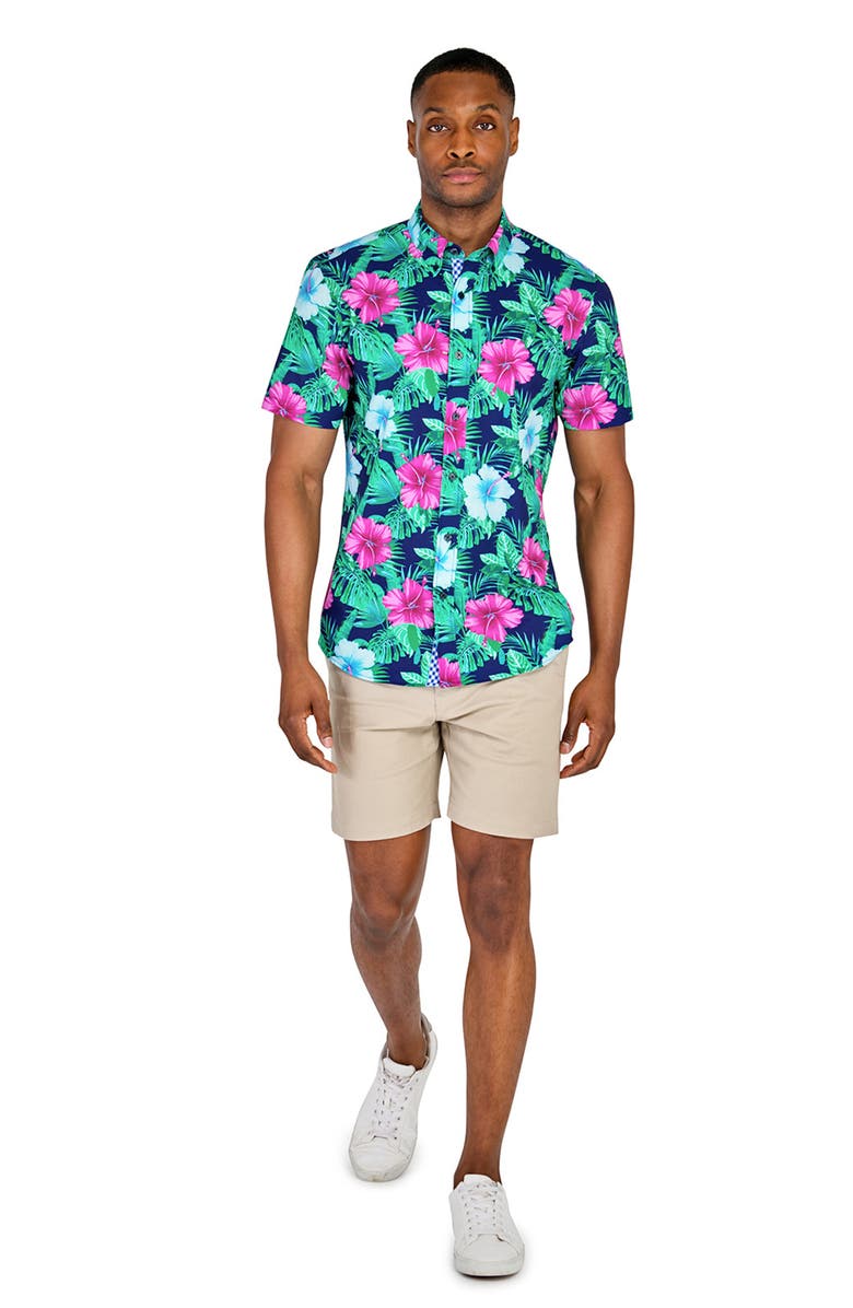 CONSTRUCT Slim Fit Large Hibiscus Recycled 4-Way Stretch Performance Short Sleeve Shirt, Alternate, color, Multi