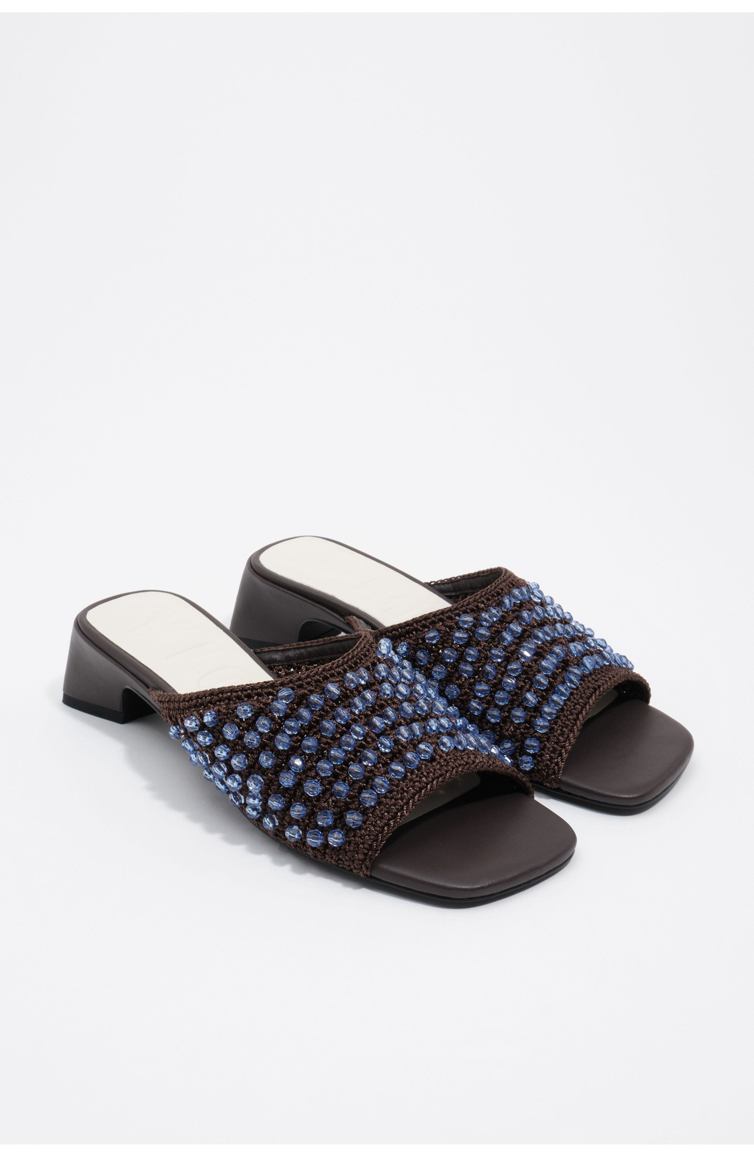 Crochet Beaded Heeled Sandal, Alternate, color, DARK BROWN