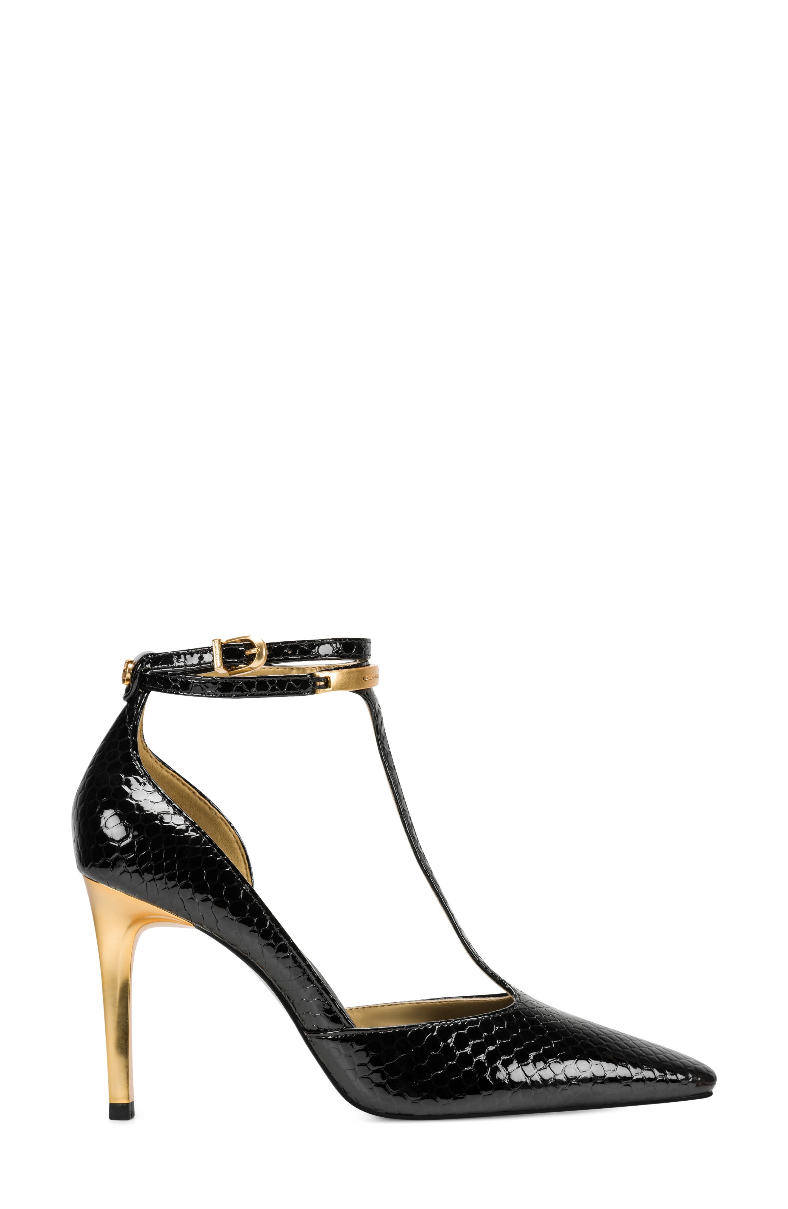Samuel Snakeskin Embossed T-Strap Pump, Alternate, color, BLACK