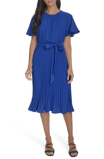 Calvin Klein Aerowash Flutter Sleeve Pleated Dress In Ultramarine