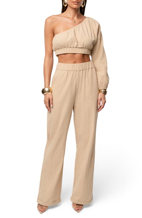 Jluxlabel Coastal Tide Cotton One-shoulder Top & Wide Leg Pants Set In Brown