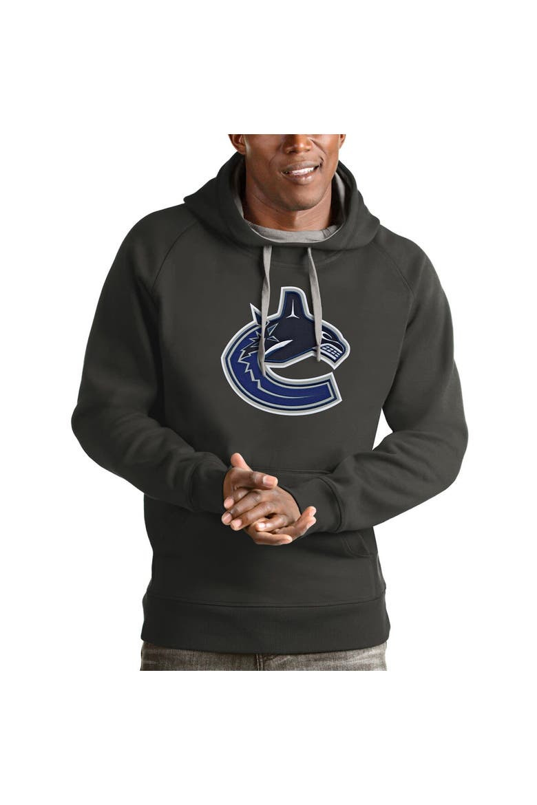 Men's Antigua Charcoal Vancouver Canucks Logo Victory Pullover Hoodie, Main, color, Charcoal