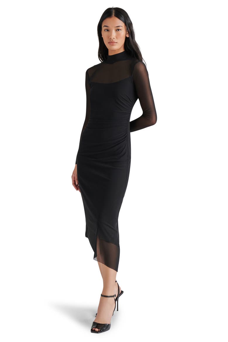 Blare Long Sleeve Mesh Midi Dress, Alternate, color, BLACK