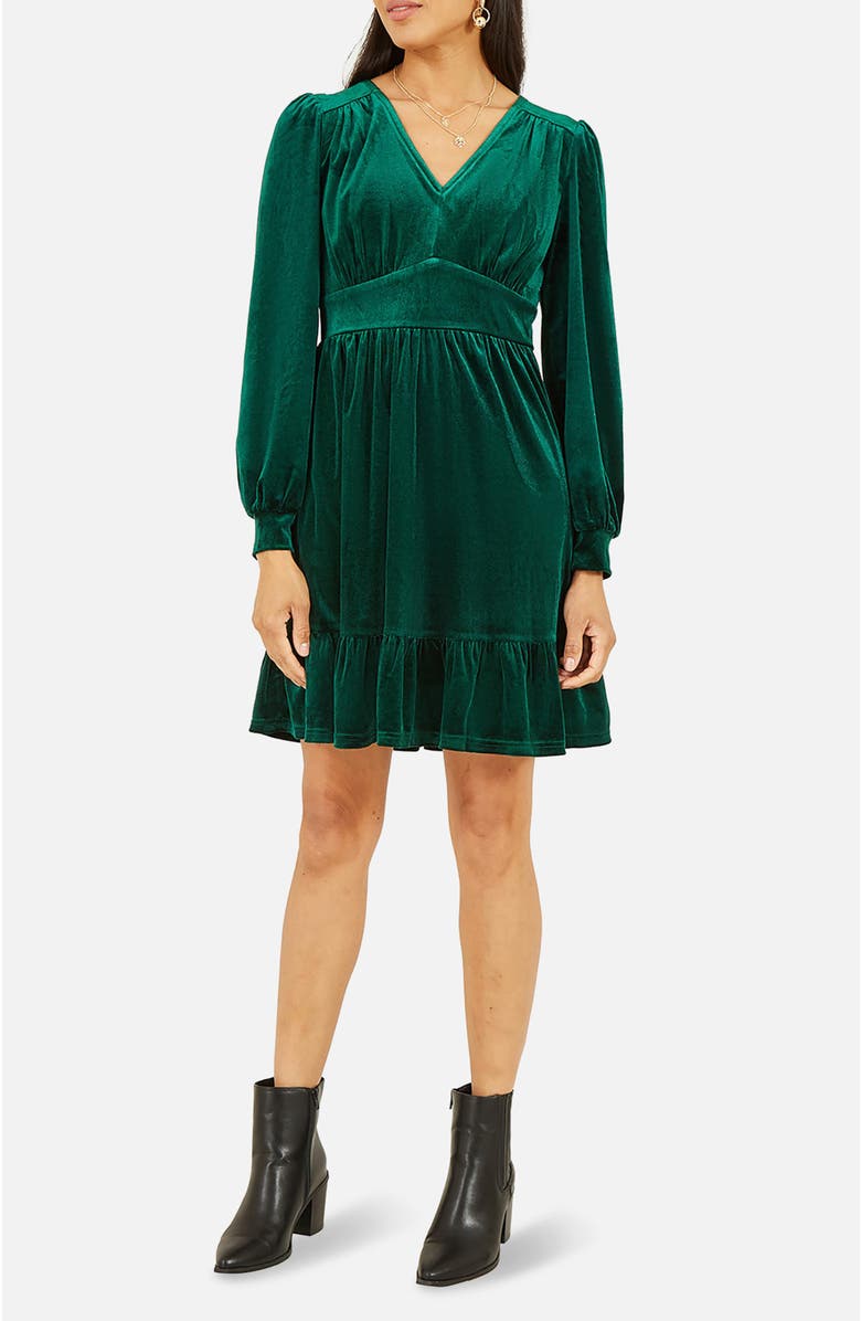 Yumi Velvet Long Sleeve Skater Dress, Alternate, color, Green