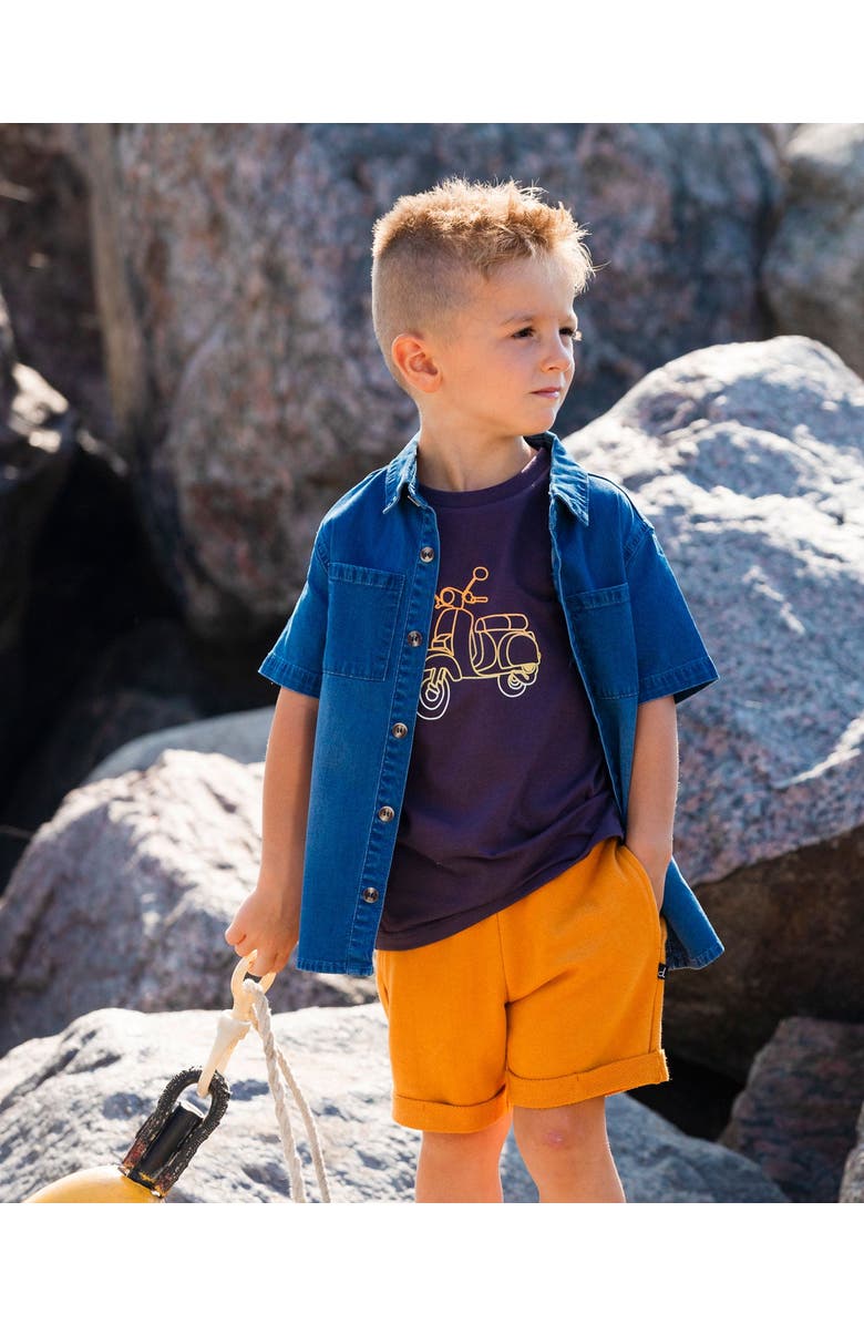 Deux par Deux Baby Boy's Short Sleeve Button Down Shirt Dark Denim Blue, Alternate, color, Dark Denim Blue