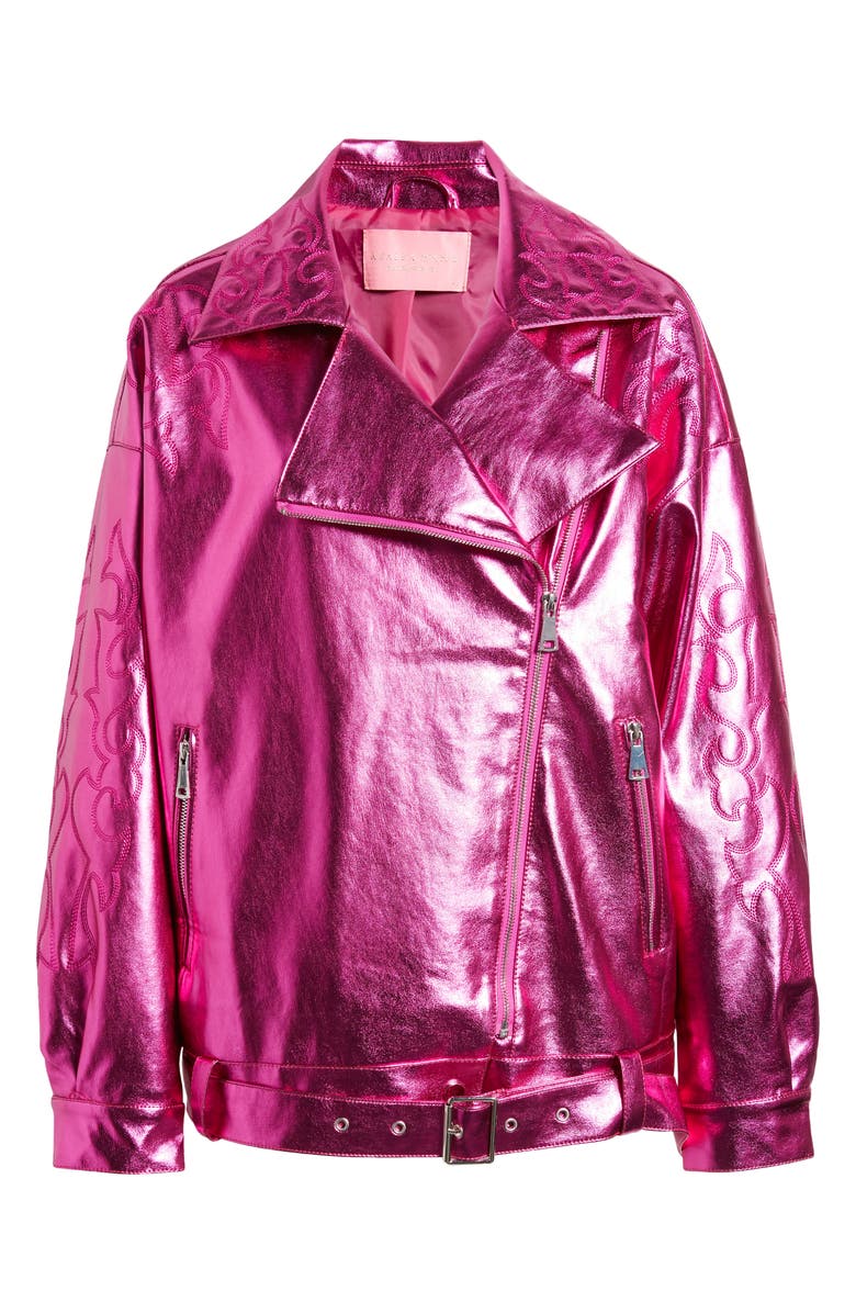 AZALEA WANG Metallic Faux Leather Moto Jacket, Alternate, color, Fuchsia