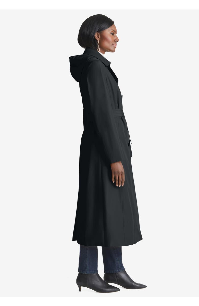 Jessica London Double Breasted Long Trench Raincoat, Alternate, color, Black