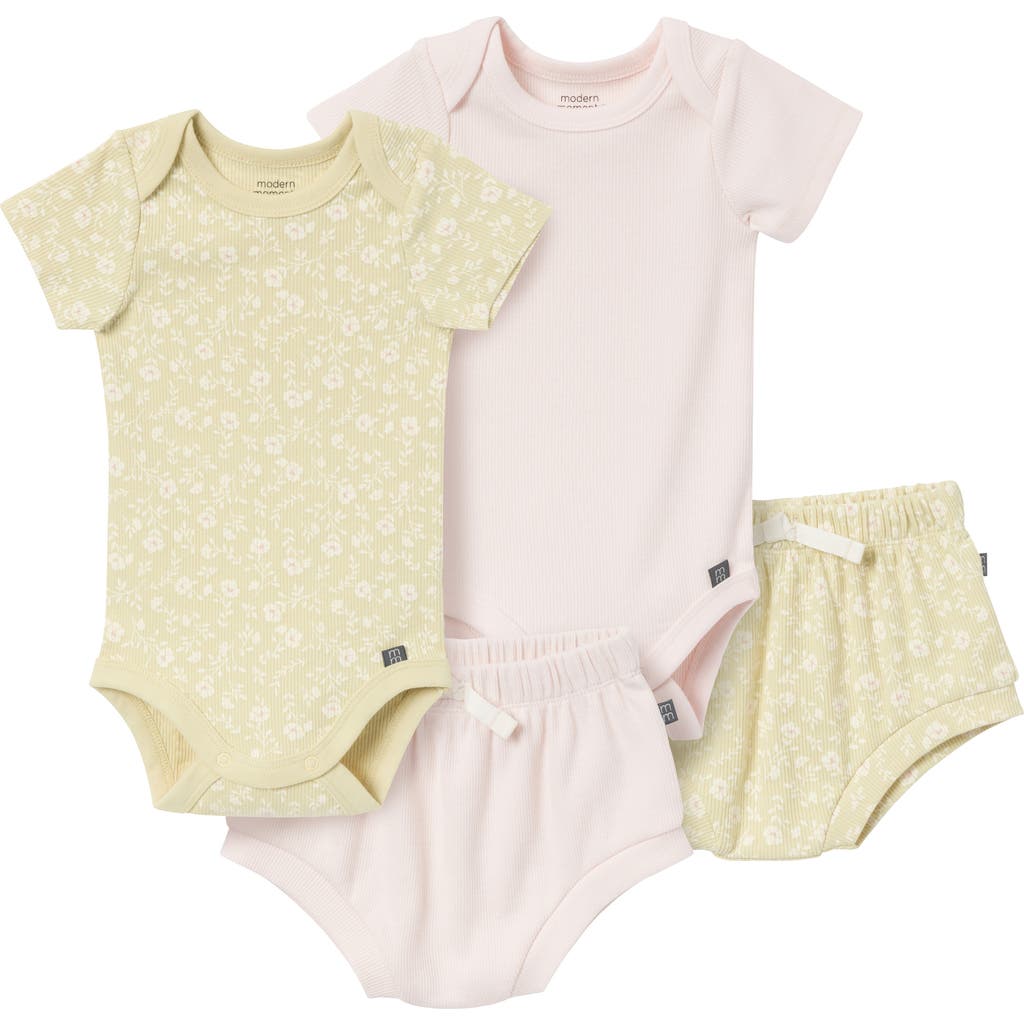 Modern Moments™ By Gerber Coordinating Bodysuits & Shorts Set 4-pack In Dusty Yellow Floral/lt Rose