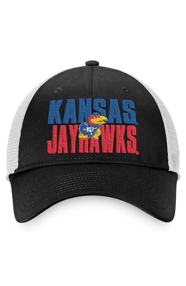 TOP OF THE WORLD Men's Top of the World Black/White Kansas Jayhawks Stockpile Trucker Snapback Hat, Alternate, color, 