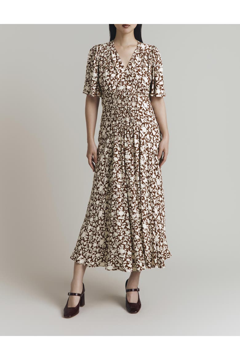 Minnie Crepe Printed Shirred Tea Dress, Alternate, color, Russet Floral