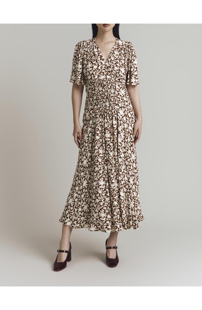 Ghost London Minnie Crepe Printed Shirred Tea Dress, Alternate, color, Russet Floral