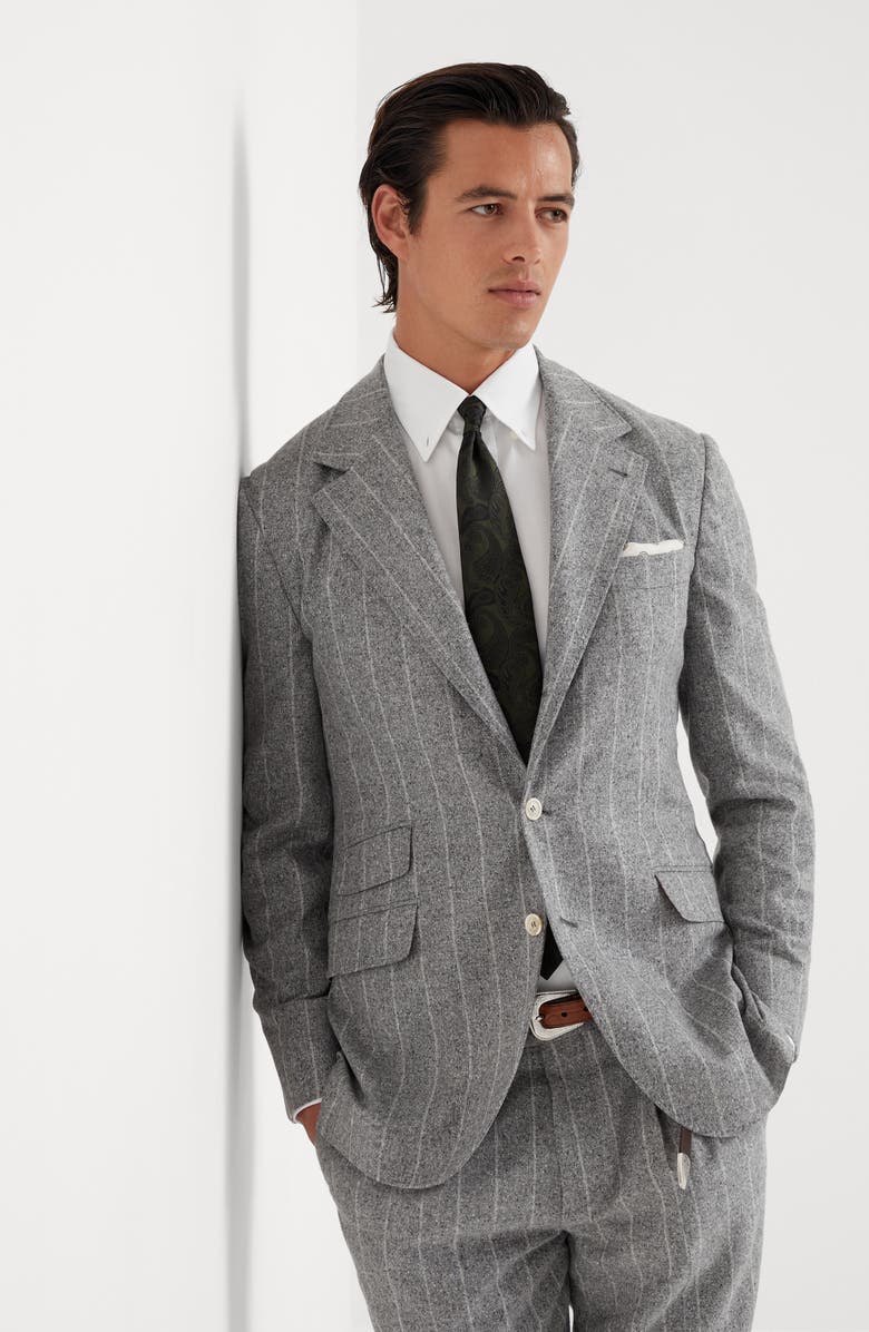 Brunello Cucinelli Flecked silk, wool and cashmere chalk stripe flannel deconstructed Cavallo blazer, Alternate, color, 