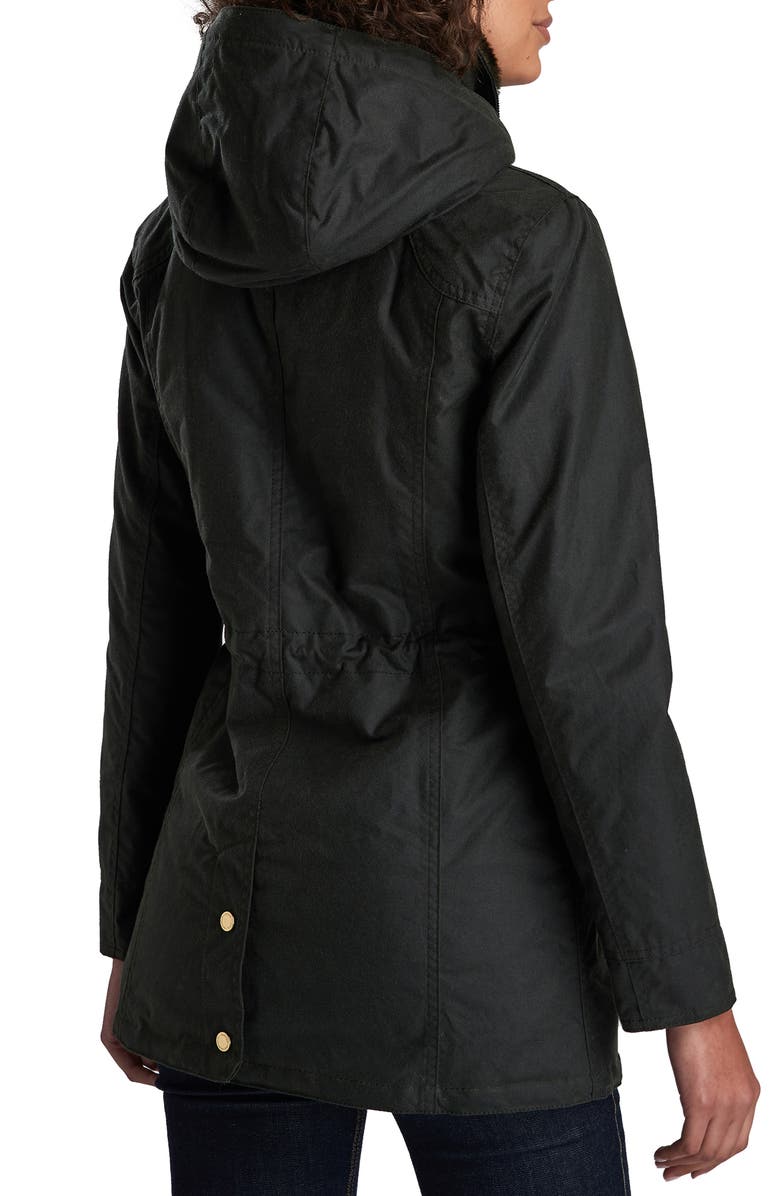 Barbour Thrunton Waxed Cotton Jacket with Faux Fur Trim, Alternate, color,