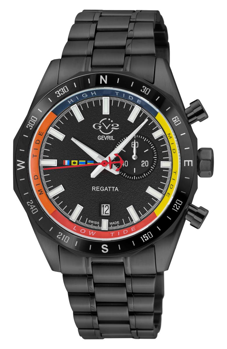 GV2 Regatta Stainless Steel Swiss Quartz Bracelet Watch, 42mm, Main, color, Black