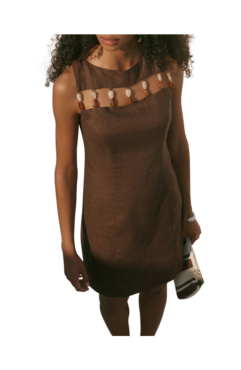 MINT VELVET Linen Beaded Mini Dress, Alternate, color, Brown