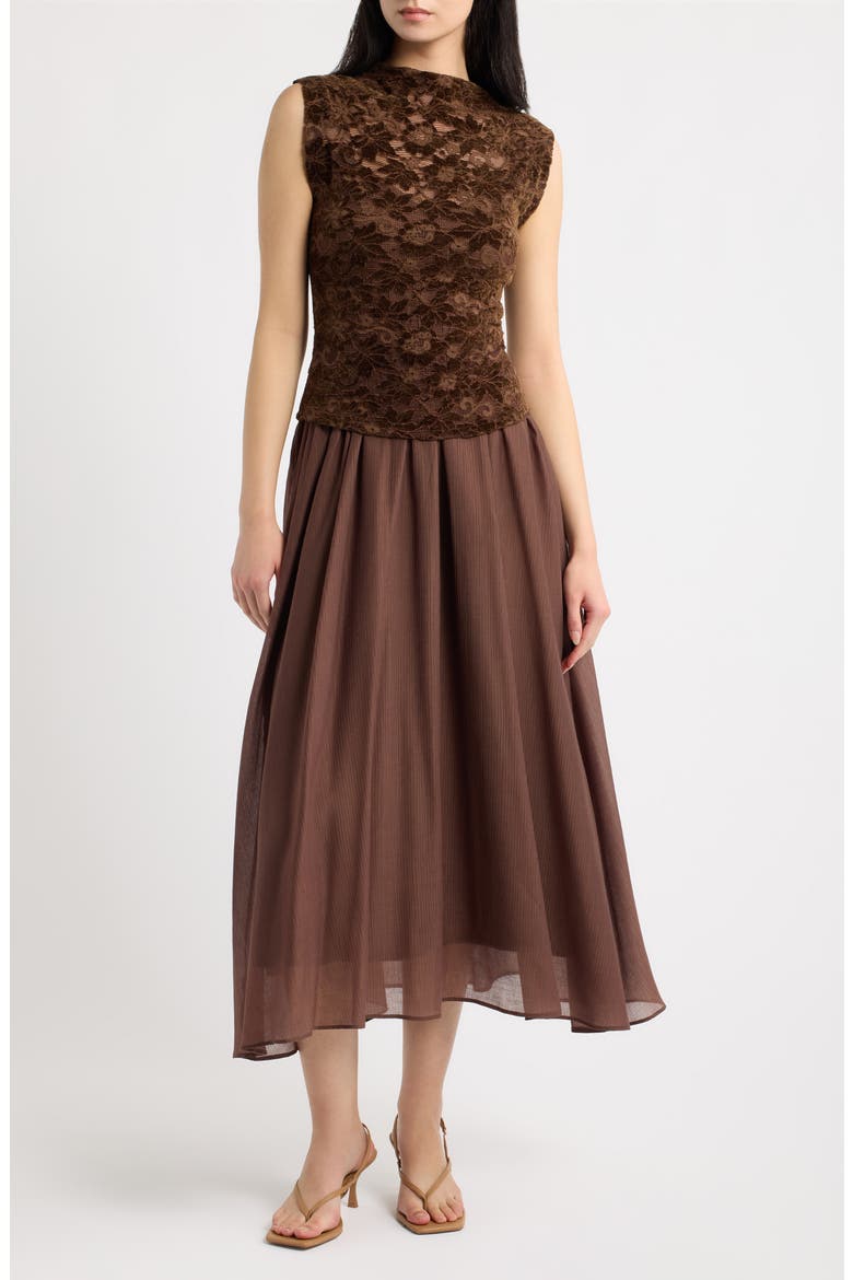 Mixed Media Midi Dress, Main, color, BROWN