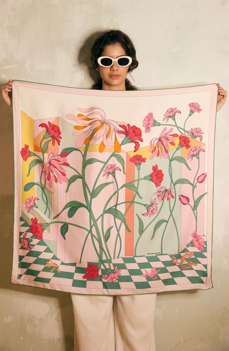 Jessie Zhao New York Double Sided Silk Scarf of Flowers Daydreams, Alternate, color, Red