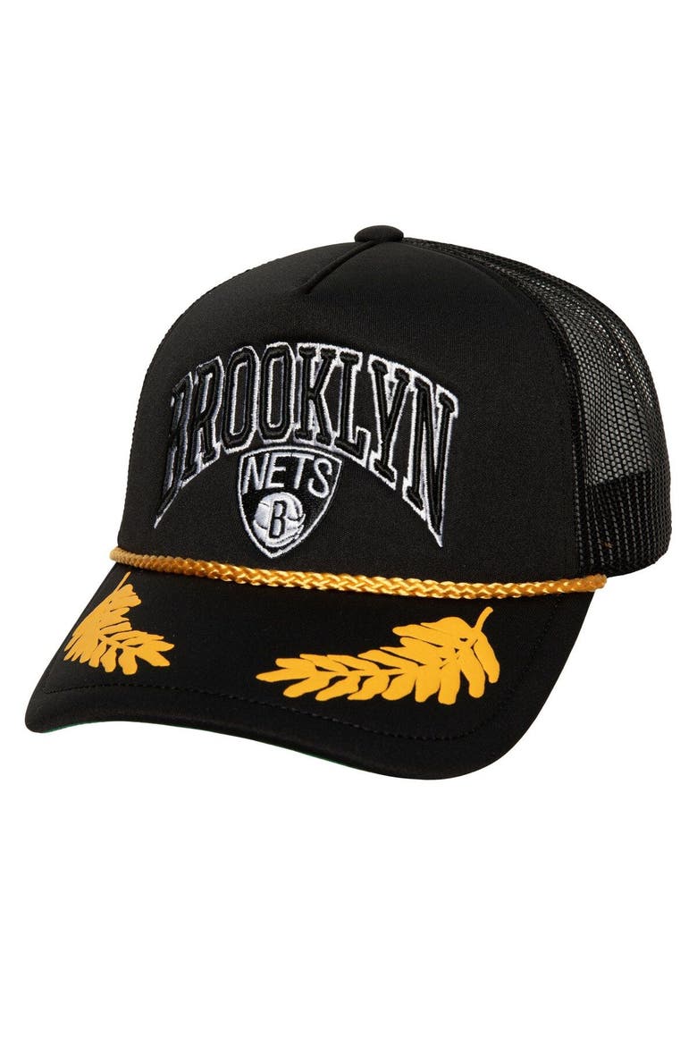 Men's Mitchell & Ness Black Brooklyn Nets Hardwood Classics Gold Leaf Mesh Trucker Snapback Hat, Main, color, Black
