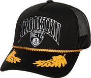 Mitchell & Ness Men's Mitchell & Ness Black Brooklyn Nets Hardwood Classics Gold Leaf Mesh Trucker Snapback Hat
