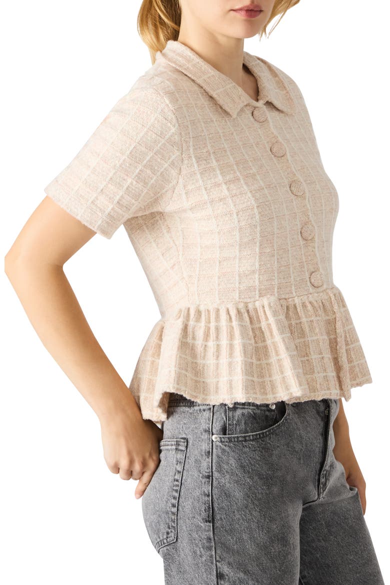 Roxanna Peplum Tweed Button-Up Top, Alternate, color, BEIGE/ WHITE