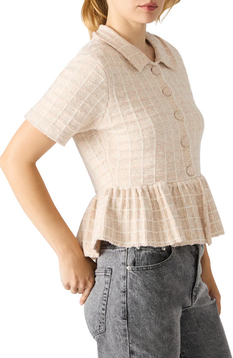 Steve Madden Roxanna Peplum Tweed Button-Up Top, Alternate, color, Beige/ White