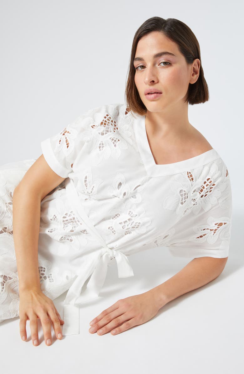 Marina Rinaldi Micaela Embroidered Short Sleeve Cotton Midi Dress, Alternate, color, Optical White