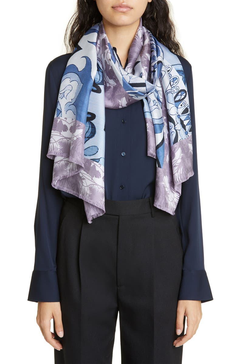 Max Mara Floral Print Silk Fringe Scarf, Alternate, color, 