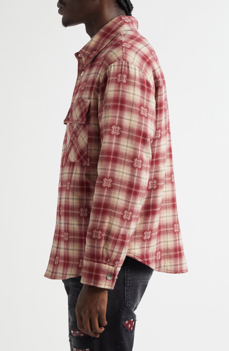 AMIRI Plaid Fleece Lined Cotton Flannel Snap-Up Overshirt, Alternate, color, Deep Red