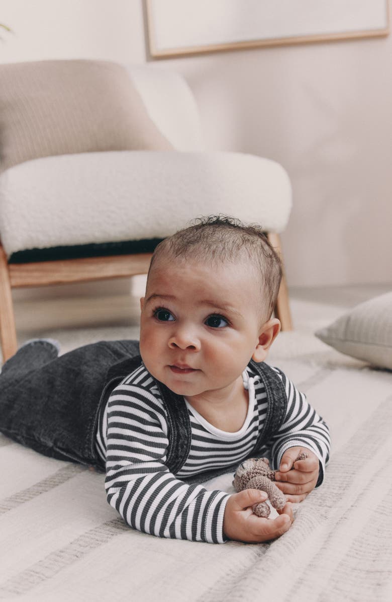 NEXT Stripe Long Sleeve T-Shirt & Denim Overalls Set, Alternate, color, Black