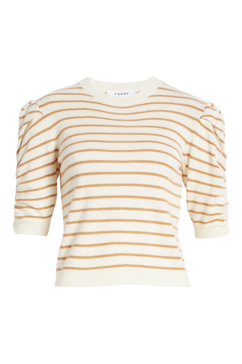 Stripe Ruched Sleeve Cashmere Sweater, Alternate, color, CAMEL MULTI
