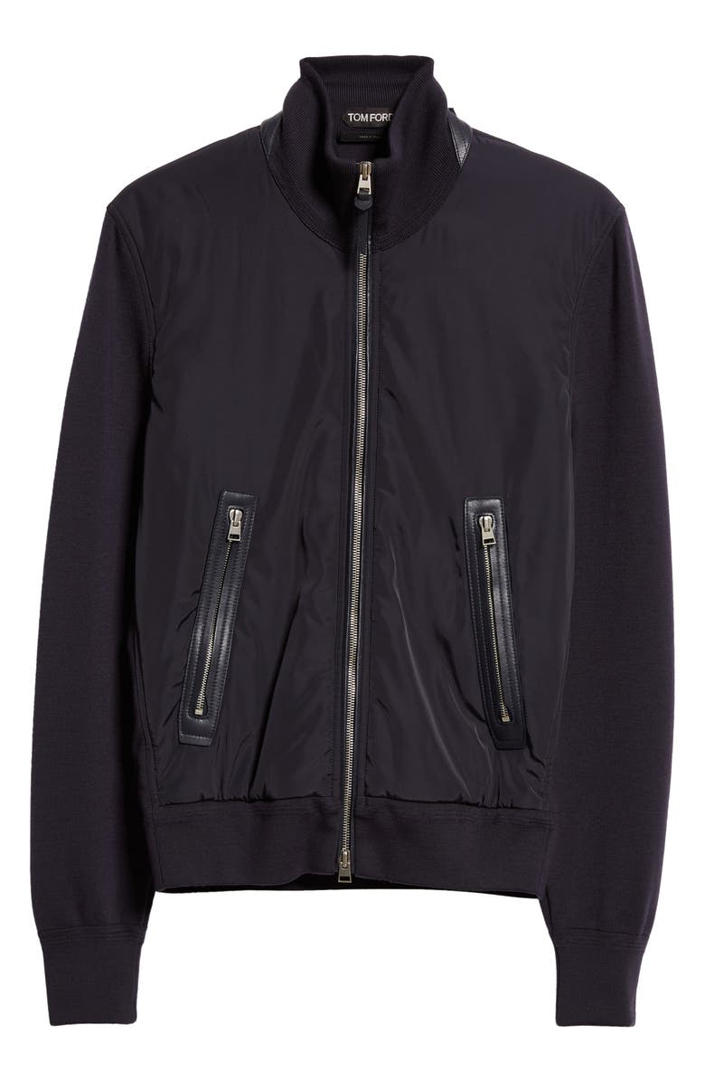 TOM FORD Mixed Media Funnel Neck Zip Sweater, Alternate, color, Blue