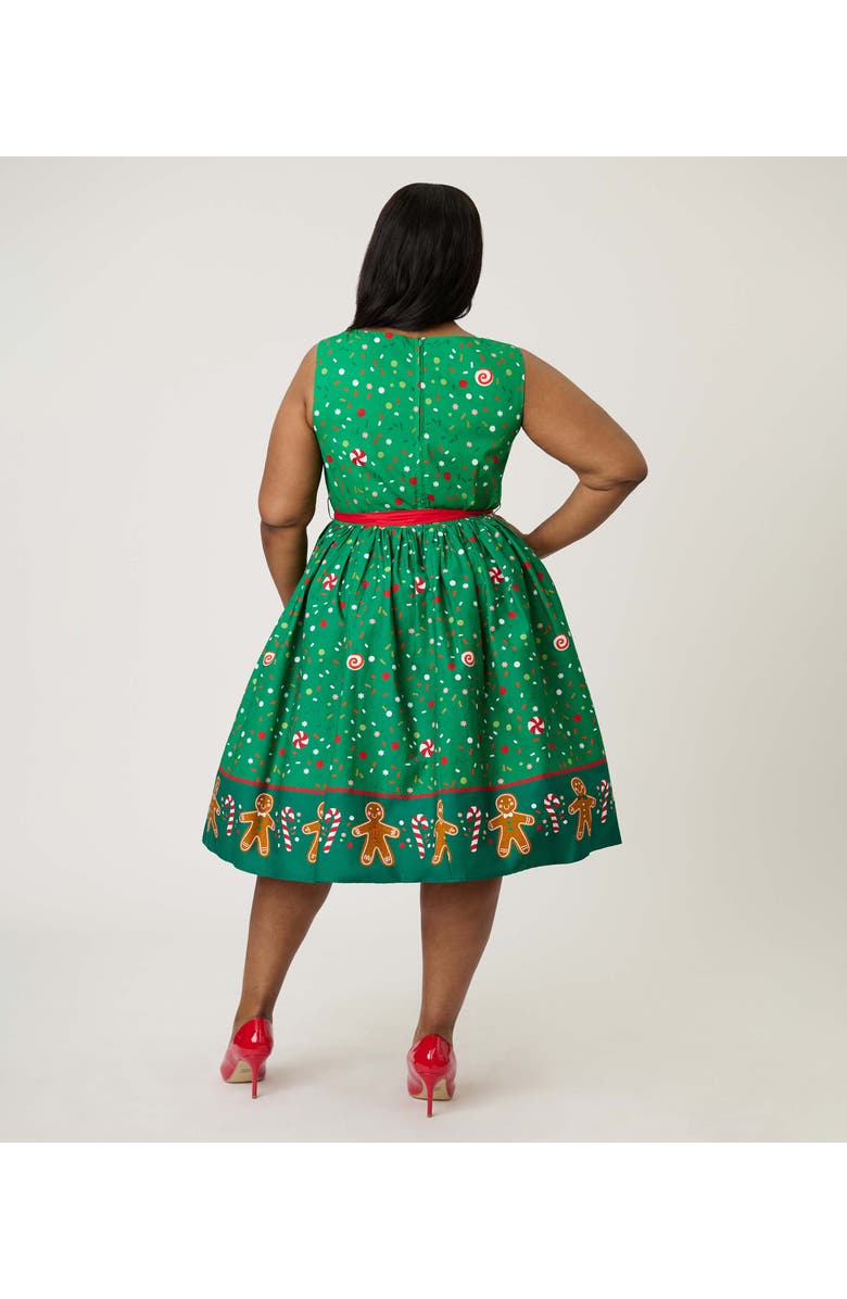 Unique Vintage Plus Size Sleeveless Belted Swing Dress, Alternate, color, Green Gingerbread Print