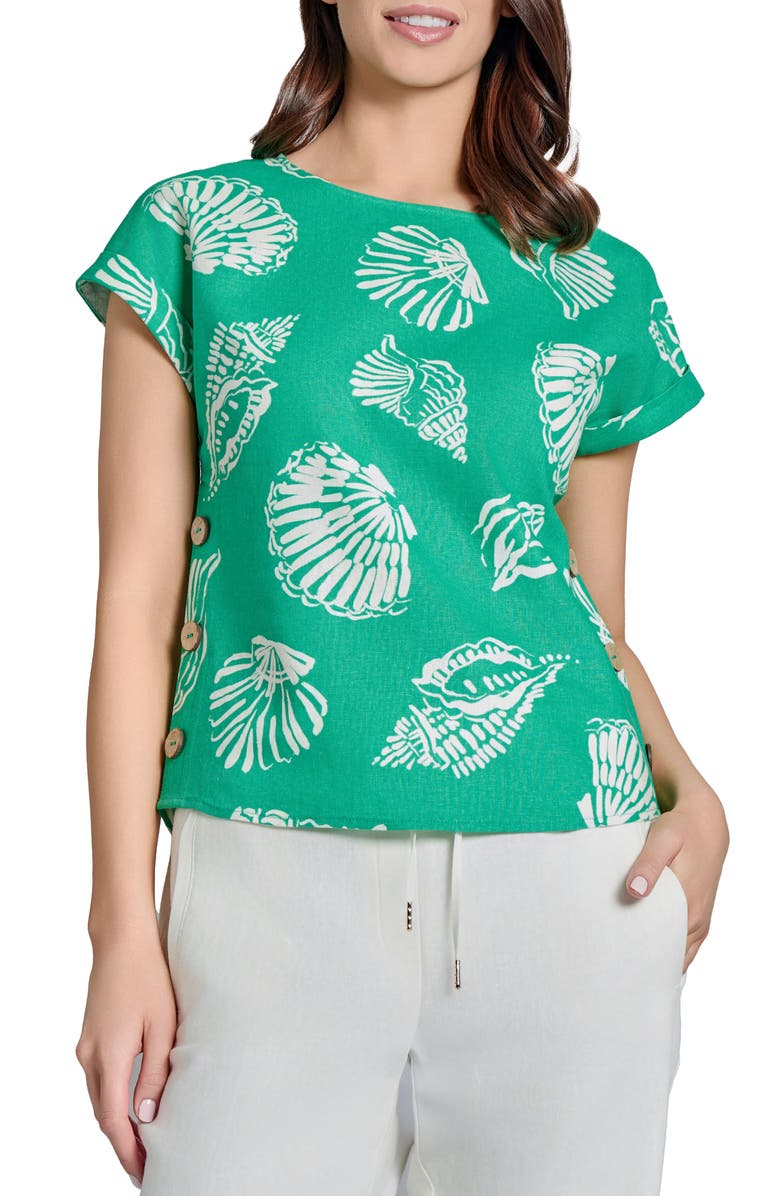 Jones New York Seashell Print Side Button Detail Linen Blend Top, Main, color, 