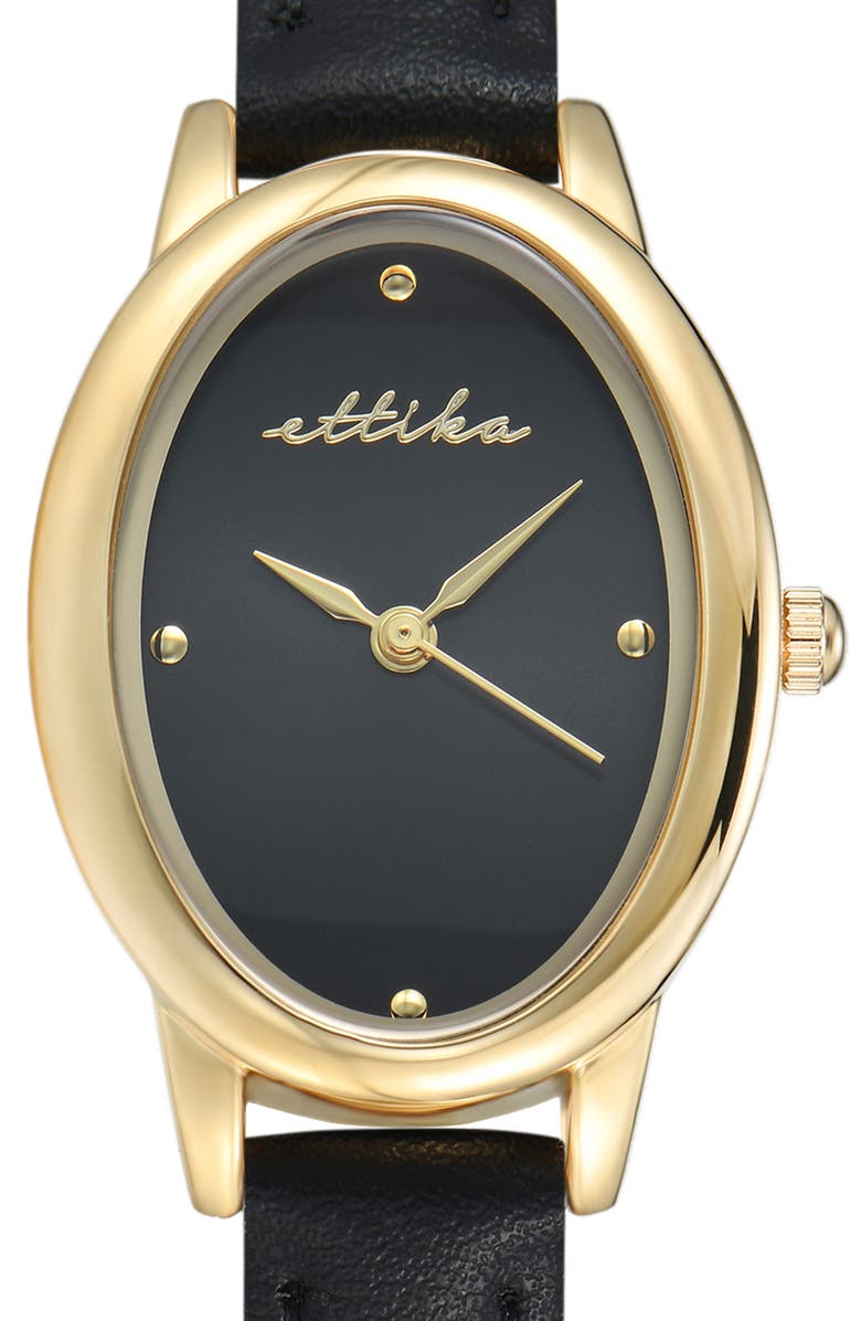 Ettika Oval Leather Strap Watch, Alternate, color, Black