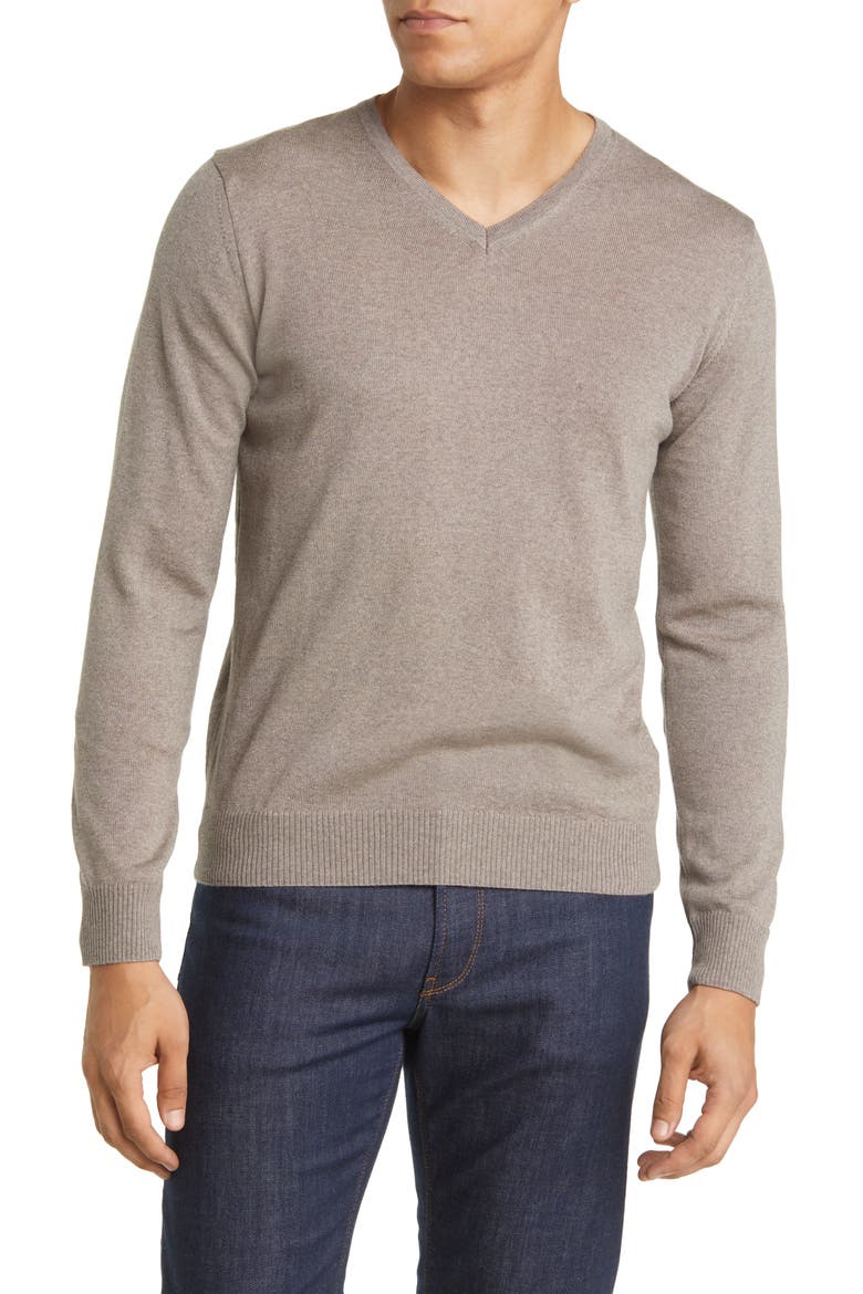Fine Gauge Merino Wool V-Neck Sweater, Main, color, TAUPE