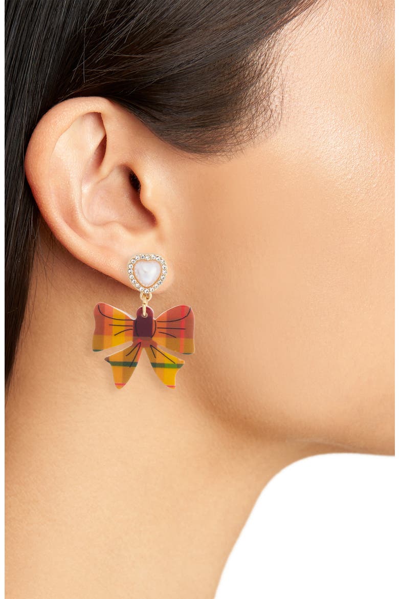 Plaid Bow Heart Drop Earrings, Alternate, color, ORANGE MULTI- GOLD