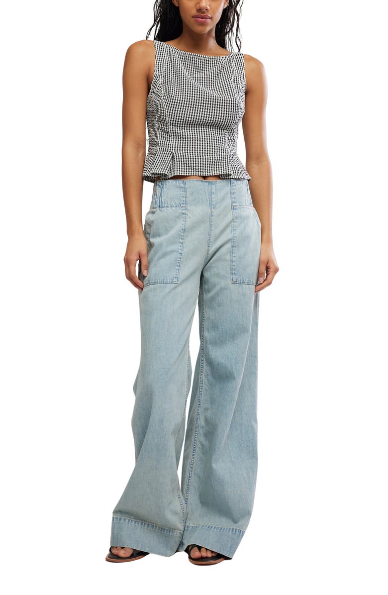 Free People Sunfaded Gingham Peplum Top, Alternate, color, Black And White Comb