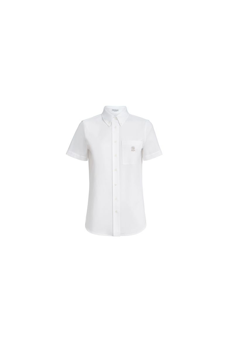 Stretch cotton piqué short sleeve shirt with logo, Alternate, color, White
