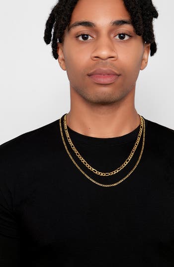 Men's Set of 2 Water Resistant Stainless Steel Figaro Chain Necklaces