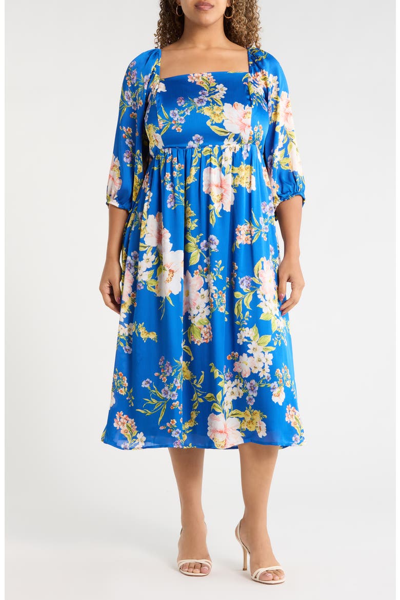 Solary Amaretto Metallic Floral Puff Sleeve Midi Dress, Main, color, COBALT-PINK